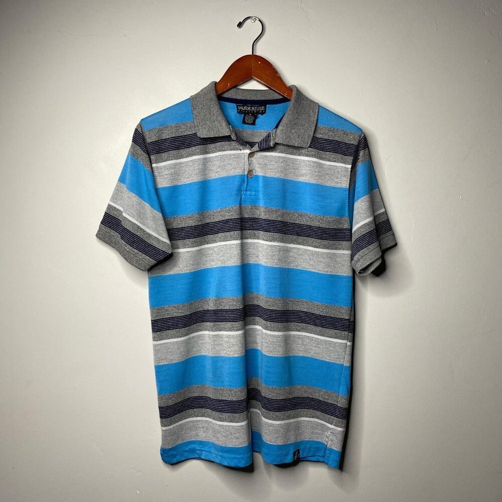 90’s vintage grey and blue striped polo shirt size medium